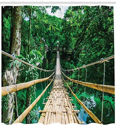 ABAKUHAUS Tropical Shower Curtain, Bamboo Pedestrian Suspension Bridge over River in Tropical Forest Philippines - Image 2