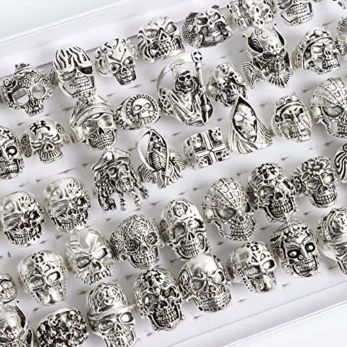 Wholesale 20Pcs Punk Biker Gothic Skull Rings For Men Mix Styles Silver Color Plated Party Jewelry Accessories Gifts2