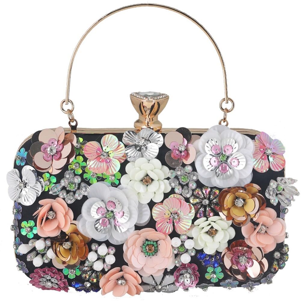 Sequins Floral Handbag Rose Nude Clutch Purses Evening Handbags for Women Wedding Prom Banquet Party Fashion Bag (Black)