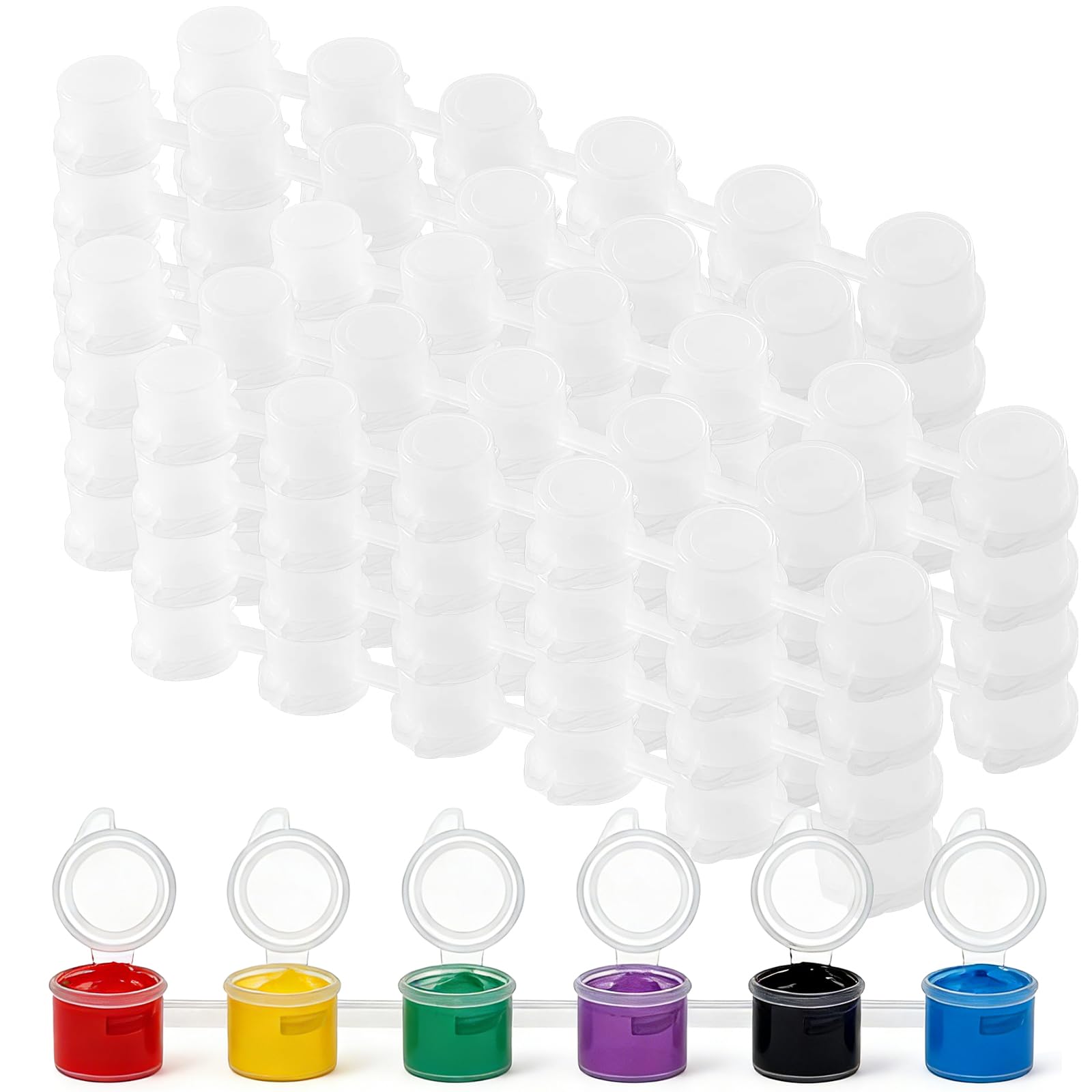 JEUIHAU 50 Strips 300 Pots Empty Plastic Paint Strips,3ml / 0.1 oz Clear Paint Pot Strips, Mini 6 Paint Cup Pots for Classrooms Paintings Art Festivals