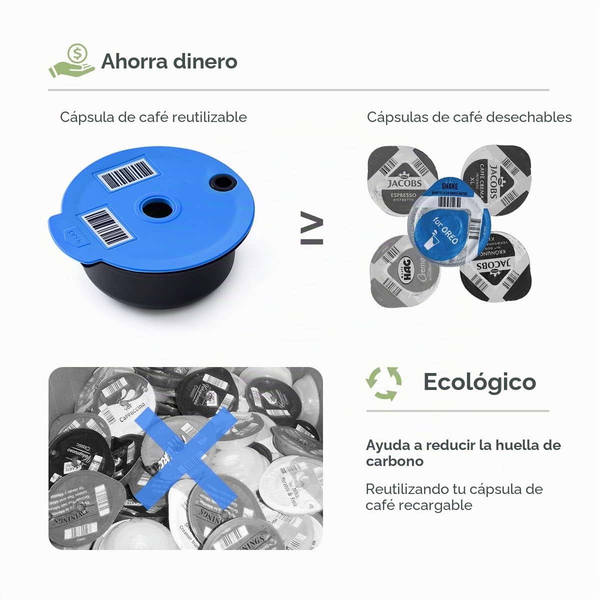 Tassimo - Cápsulas recargables de 60 + 180 ml + tapas de silicona adicionales de 200 + 220 ml, cápsulas de café reutilizables para máquina Tassimo, cápsulas Tassimo reutilizables con un prensador de