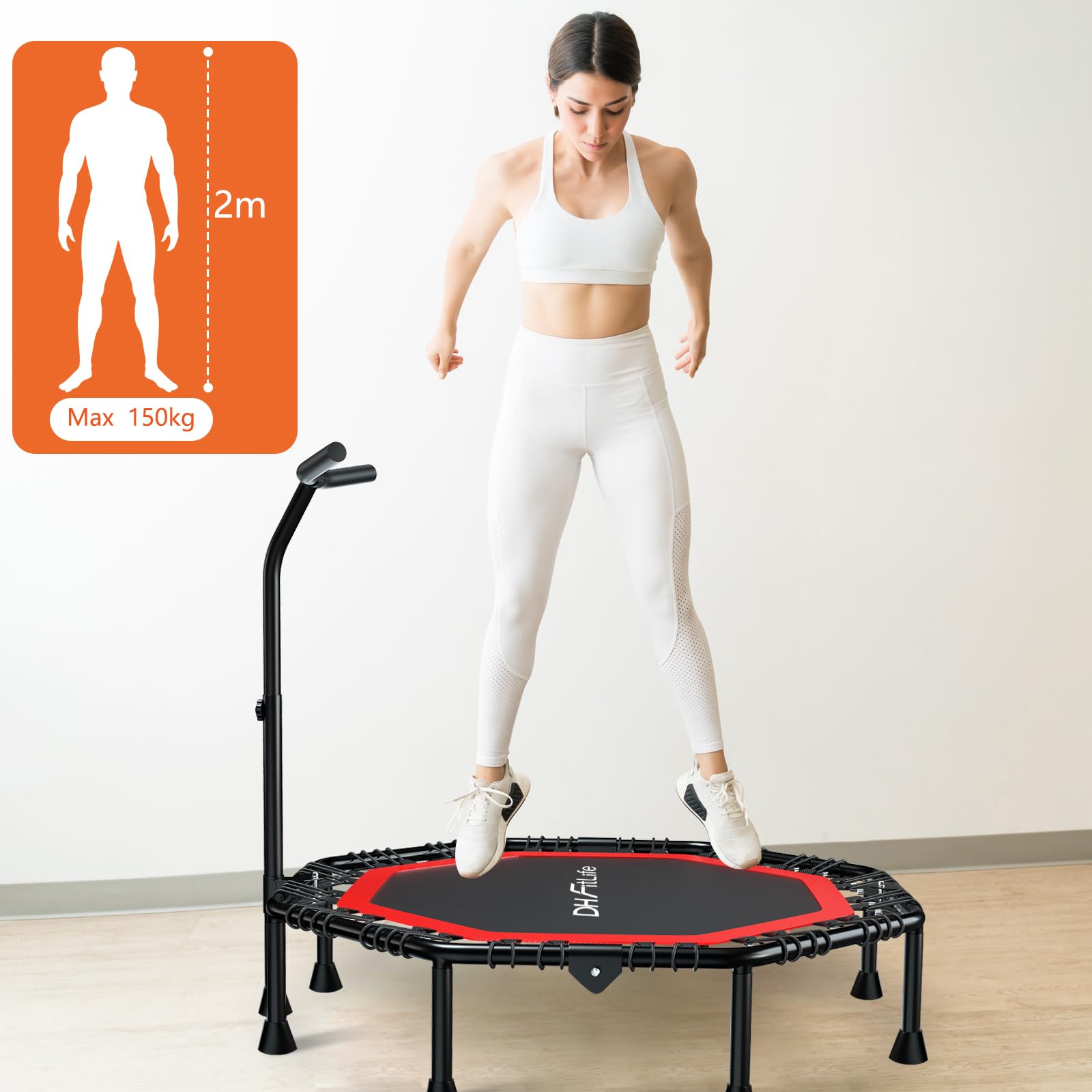 DH FitLife Trampolino da fitness, pieghevole, silenzioso, senza installazione, trampolino da 50 pollici, 128 cm, per interni ed esterni, con 3 gradini regolabili