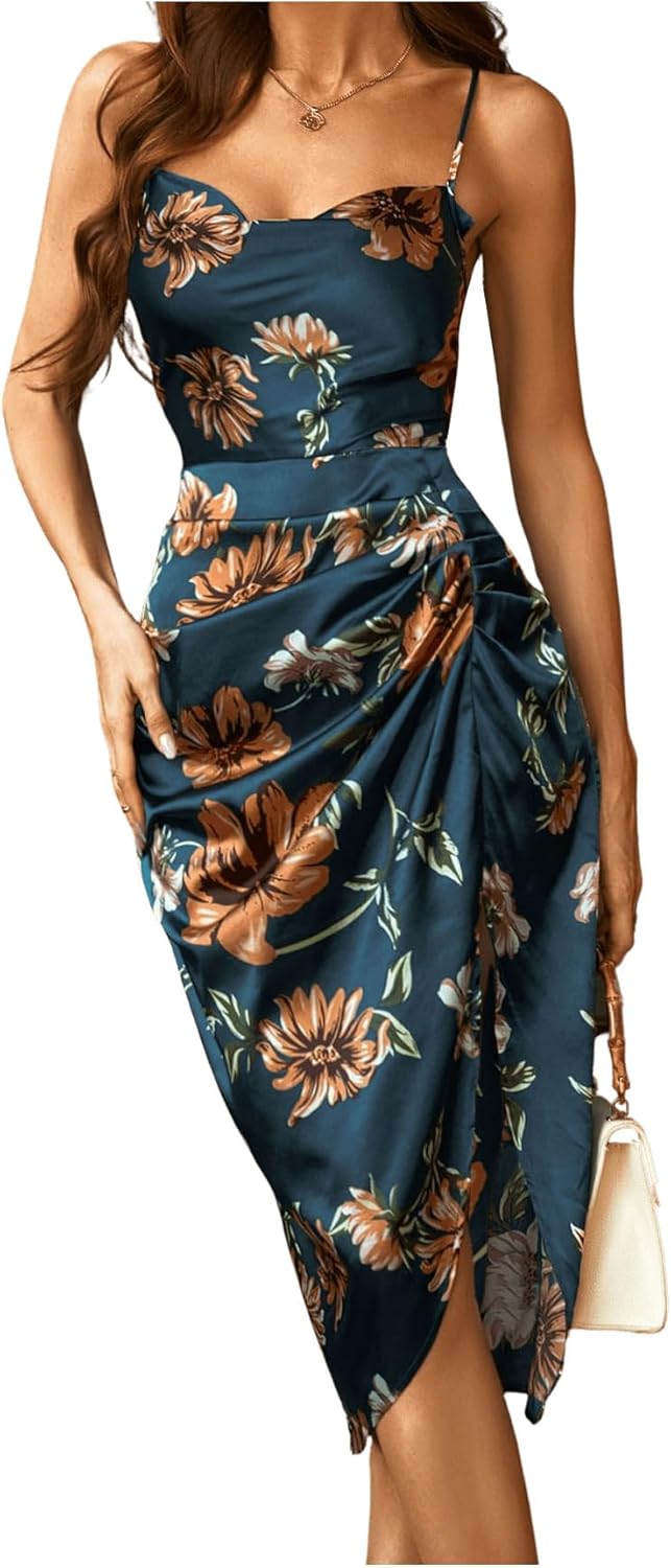 WDIRARA Women's Floral Print Cowl Neck Sleeveless Ruched Split Thigh Satin Cami Summer Dress - Image 3