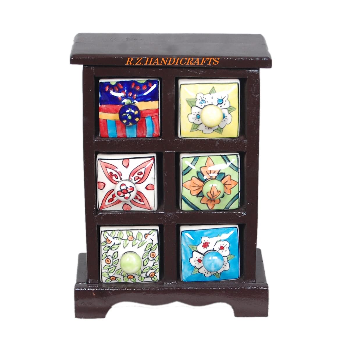 R.Z.HANDICRAFTS Wooden Drawer Chest With Ceramic Black Color Drawers 6 Containers Used For Home Office Jewelry Spices Multipurpose Box Ceramic-image-35