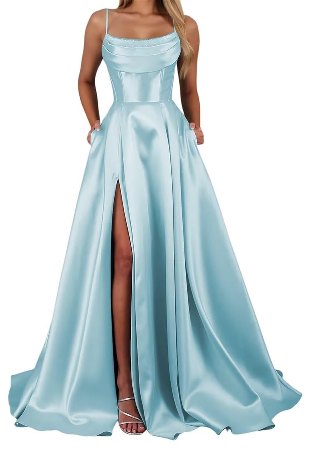 Yiann Women's Blue Satin Prom Dresses With Slit Spaghetti Strap Formal Dress Sleeveless Long Ball Gown Uk8