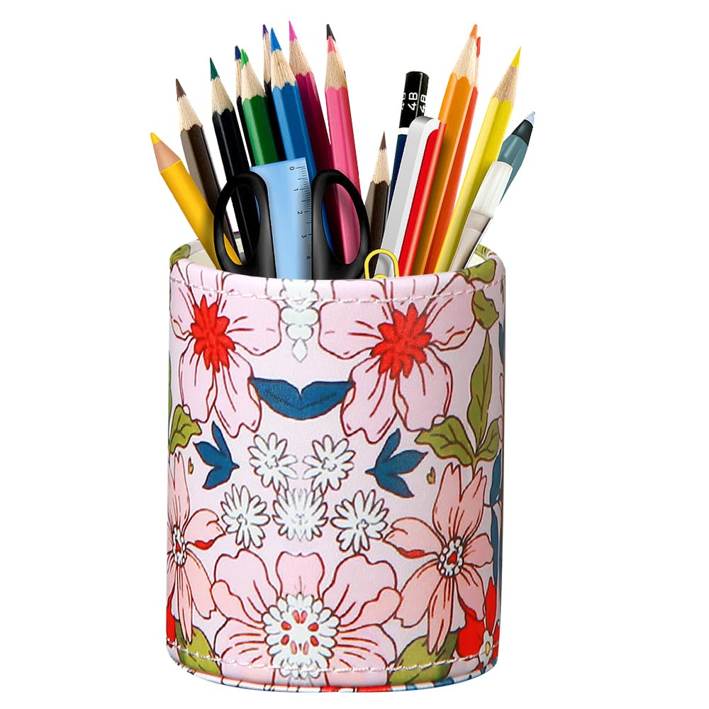 BIBELUN Pen Holder for Desk Cute, Desk Organizers and Workspace Accessories Storage, Pencil Holder Cup for Makeup Brush/Art Supplies/Stationery, Decorative Aesthetic Office Organization, PU Leather
