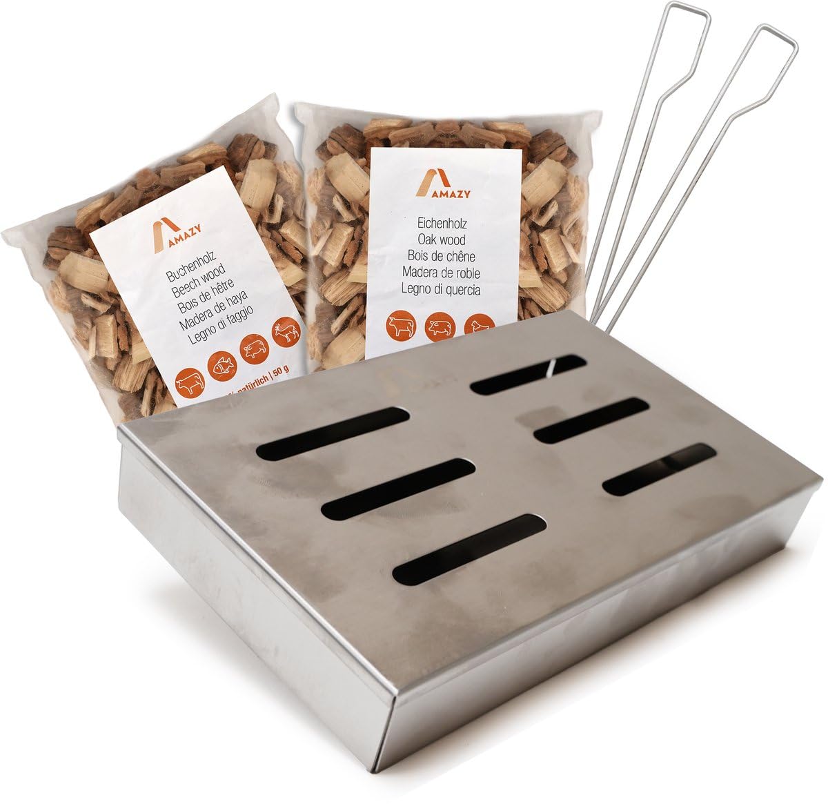 Set di legno per affumicatura in acciaio INOX, completo di 3 trucioli per affumicatura da 4 l