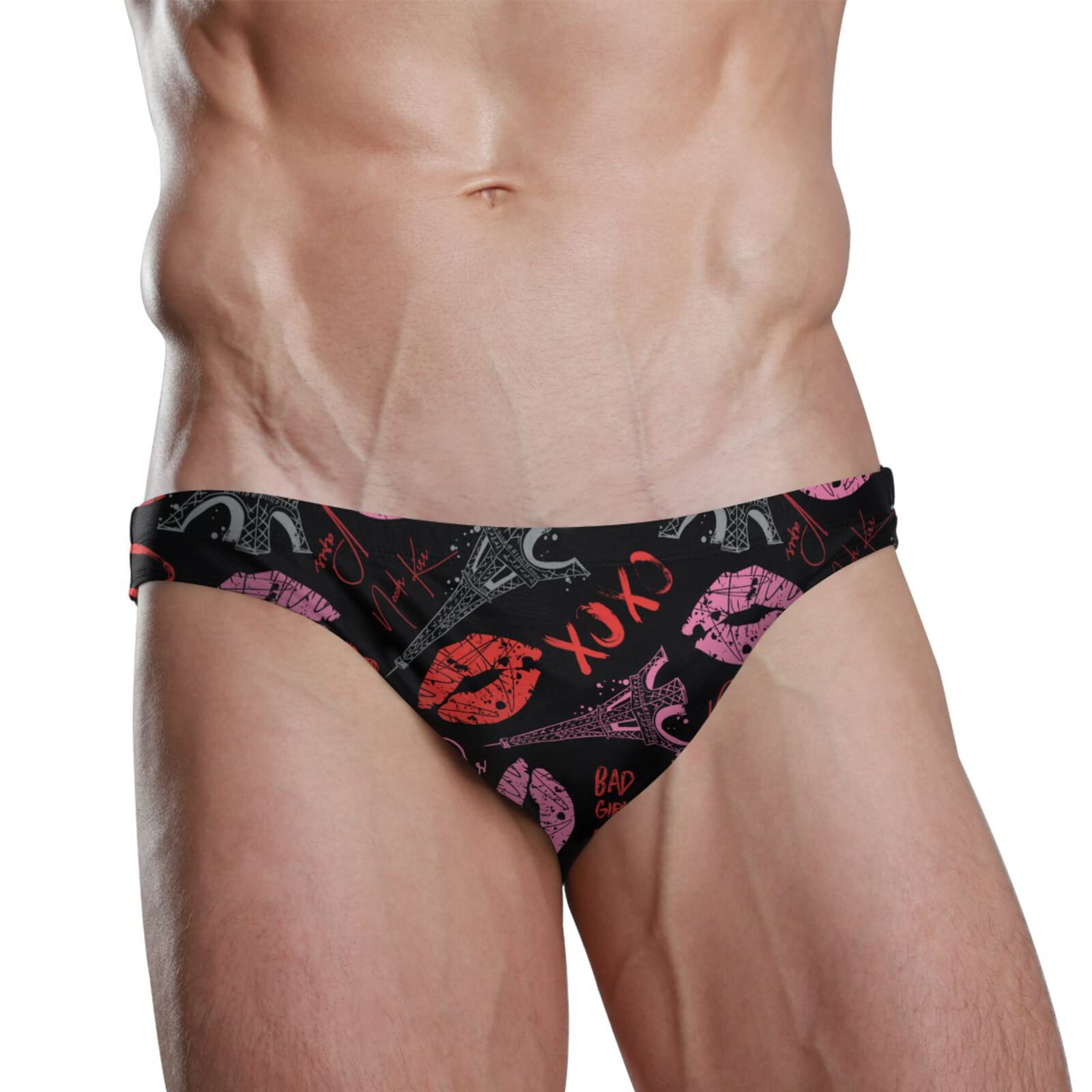 Dallonan Men Swim Brief Bikini Red and Black Lips Hearts Beach Bikini for Mens Swim Underwear 3XL Big Man