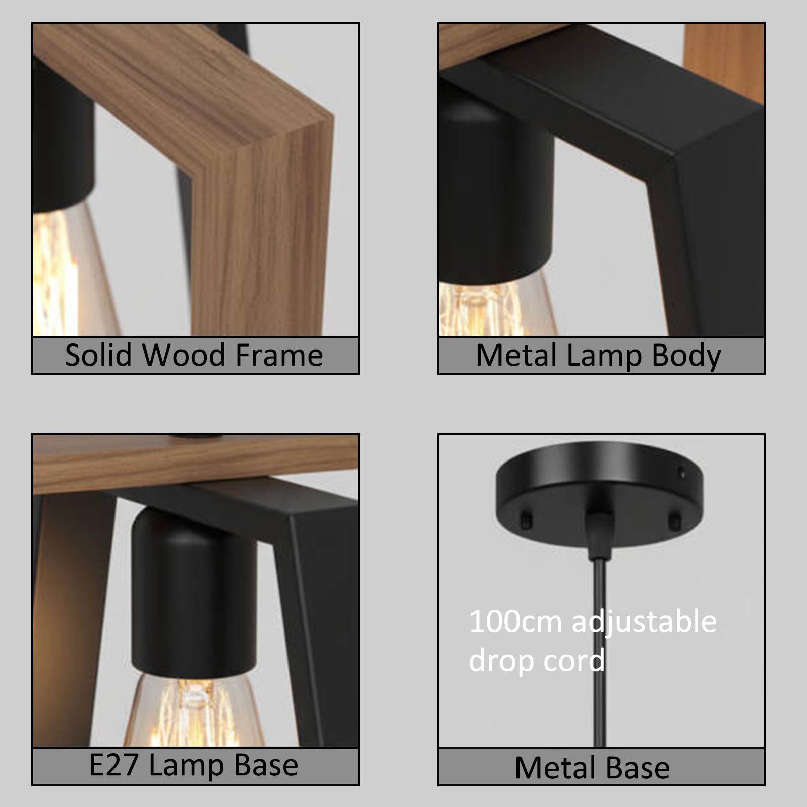 Lámpara Colgante, Lampara Colgante Isla Cocina Negra de Granja, Madera & Metal, Altura Ajustable, E27 Iluminación de Techo Colgant para Comedor Dormitorio Pasillo Entrada, 24cm