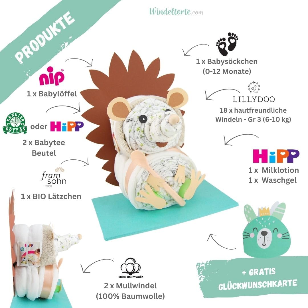 Igel [Tierfreunde Aufgepasst] für Jungen und Mädchen - Natur Freunde - Geschenk Baby - Windelgeschenk - Babyparty - Pullerparty - Jetzt Torte kaufen…