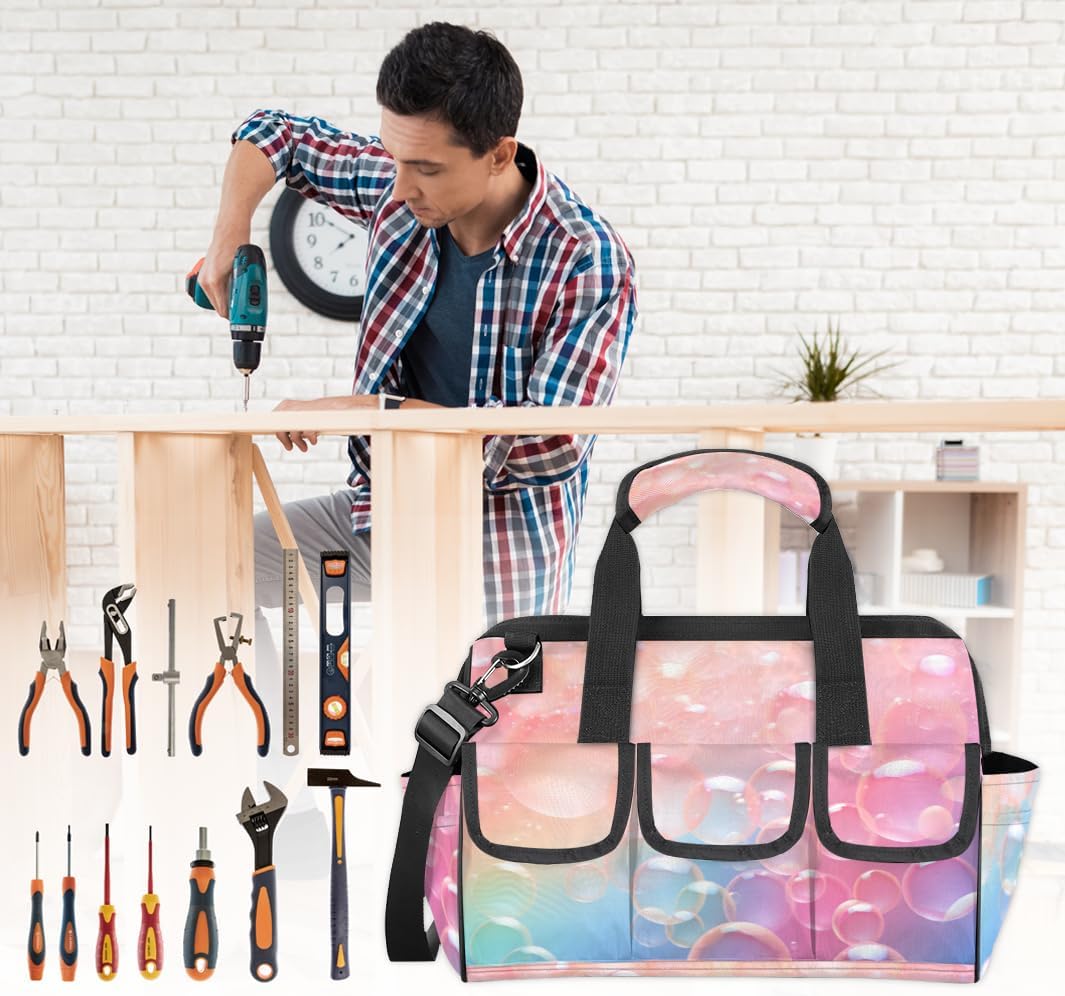 Cute Bubbles Tool Bag with Multi-Pockets Wide Mouth Tool Tote Bag for Women and Men Waterproof Tool Organizer Storage Bag with Adjustable Shoulder Strap and Ergonomic Handle