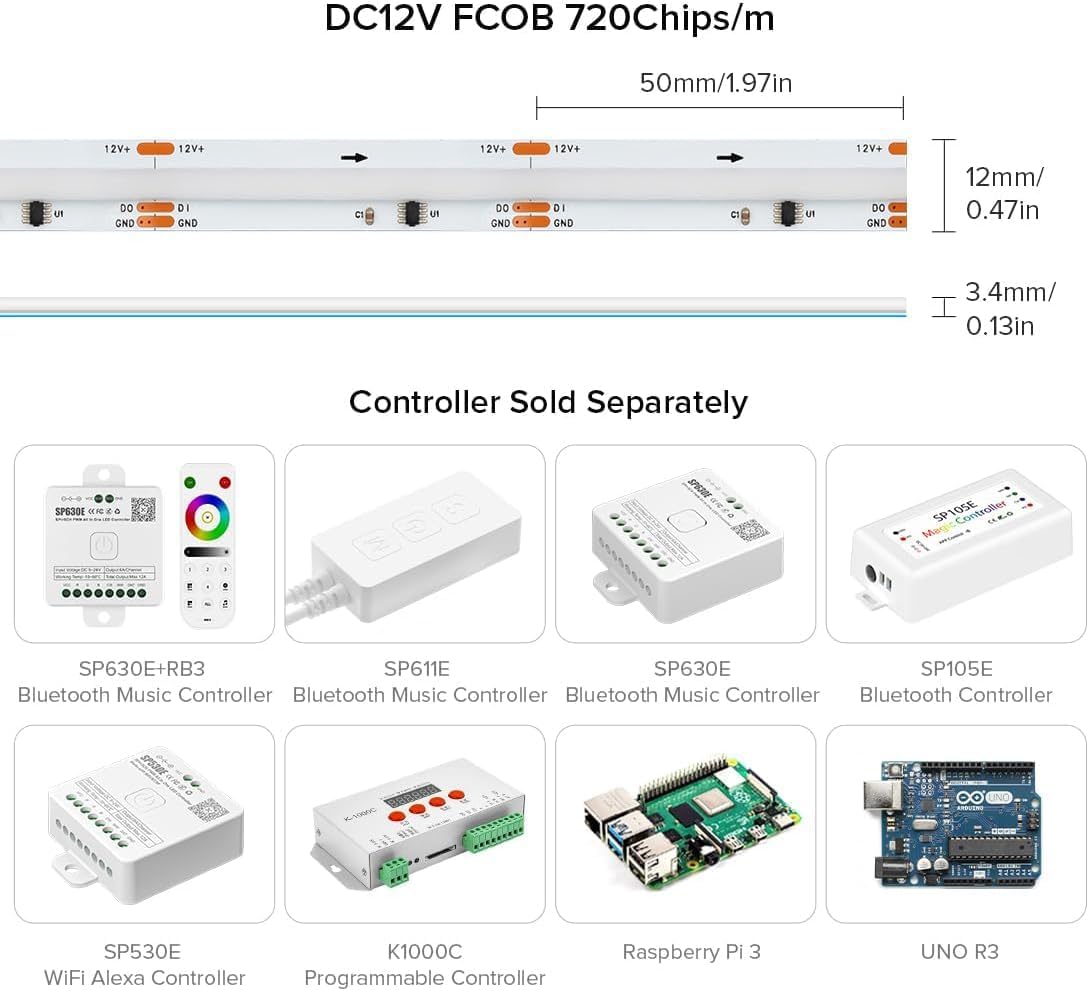 BTF-LIGHTING FCOB SPI RGB Elastyczna taśma LED COB WS2811 IC 5M 720LED/m DC24V Biała PCB IP30 Zmiana koloru (Bez kontrolera i zasilacza)