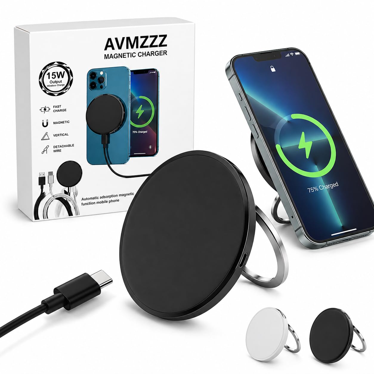 Cargador inalámbrico para iPhone, AirPods, tarjeta de seguimiento de 15 W, entrada plana de carga rápida tipo C, protección de seguridad inteligente (1, negro)