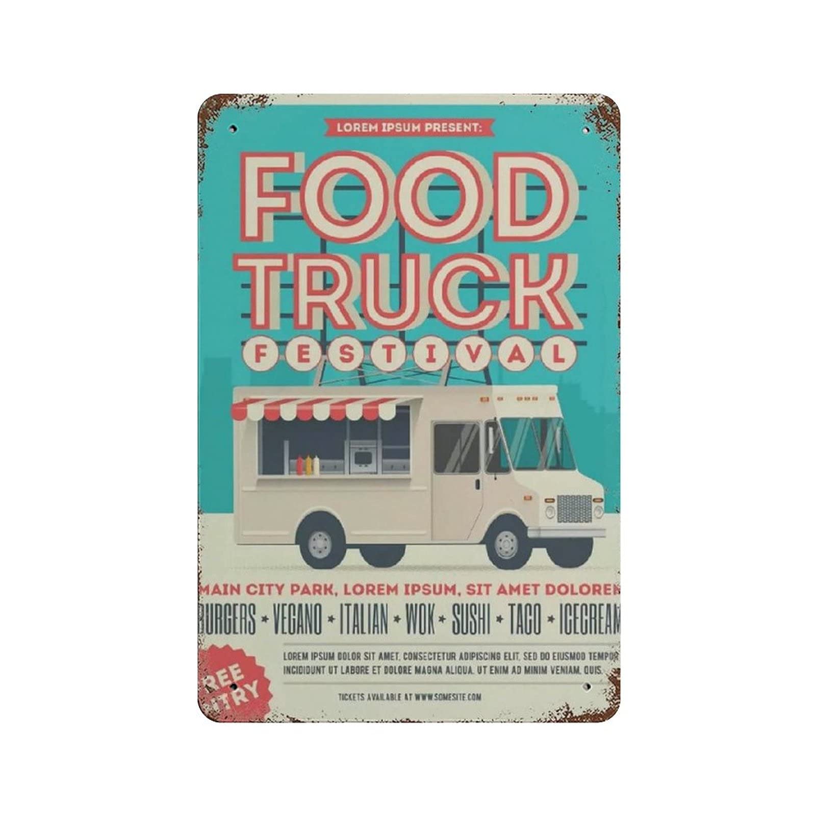 Metal Tin Sign Food Truck Or Street Food Festival Vintage Tin Poster Metal Sign Wall Decoration Country Kitchen Home Garage Decor 12"x8"