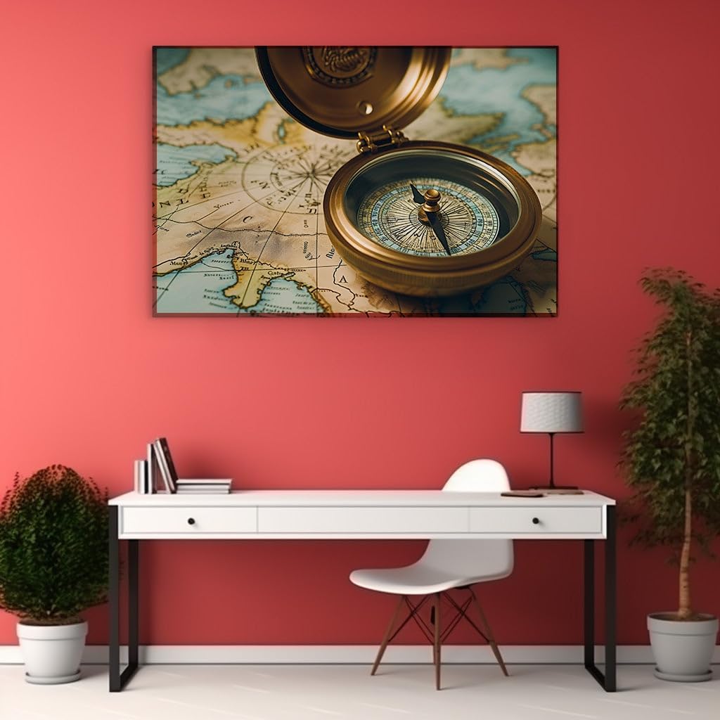 Vintage Compass and Map - A Tribute to Timeless Exploration and Adventure Large, Decor, Office, Bedroom Wall. Size: 130x86 cm (51x34 inch) Canvas Wall Art - Retro Home Decor - 69x46 cm (27x18 inch)
