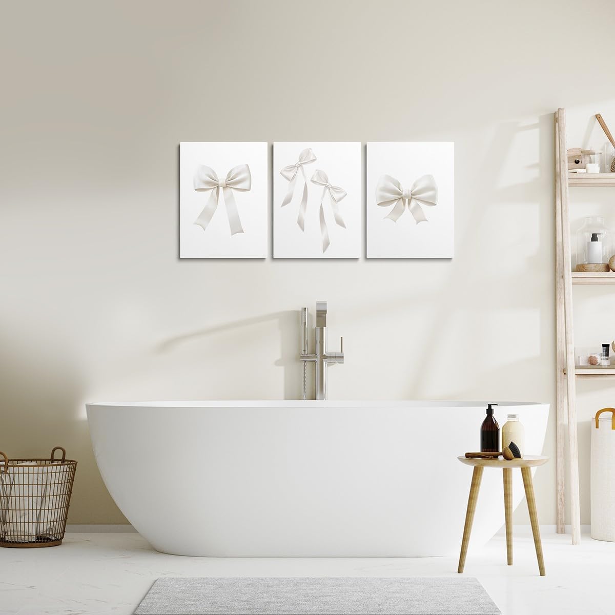 Coquette Bows Framed Canvas Wall Art Watercolor Bow Wall Decor for Bedroom Bowknot Pictures Painting for Room Office Decorations Princess Style Posters Artwork White Light Grey 12"x16"x 3Pcs