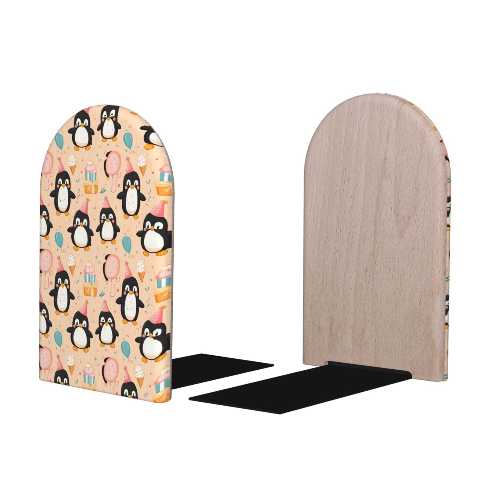 Birthday Penguin Cute Print BookEnds 1 Pair, Decorative Bookends for Heavy Books, Wood Book Ends for Shelves, Book Organizer for Home Desk Office Supplies