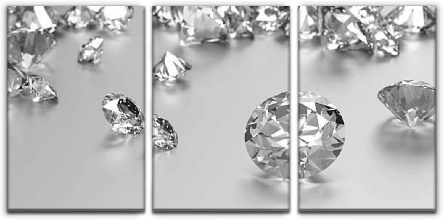 JANGHUESER Luxury Diamonds on White Background Wall Art Home Decor Black and White Wall Art Print On Canvas Art Work Stretched & Framed Hanging Posters for Living Room 3 Panel