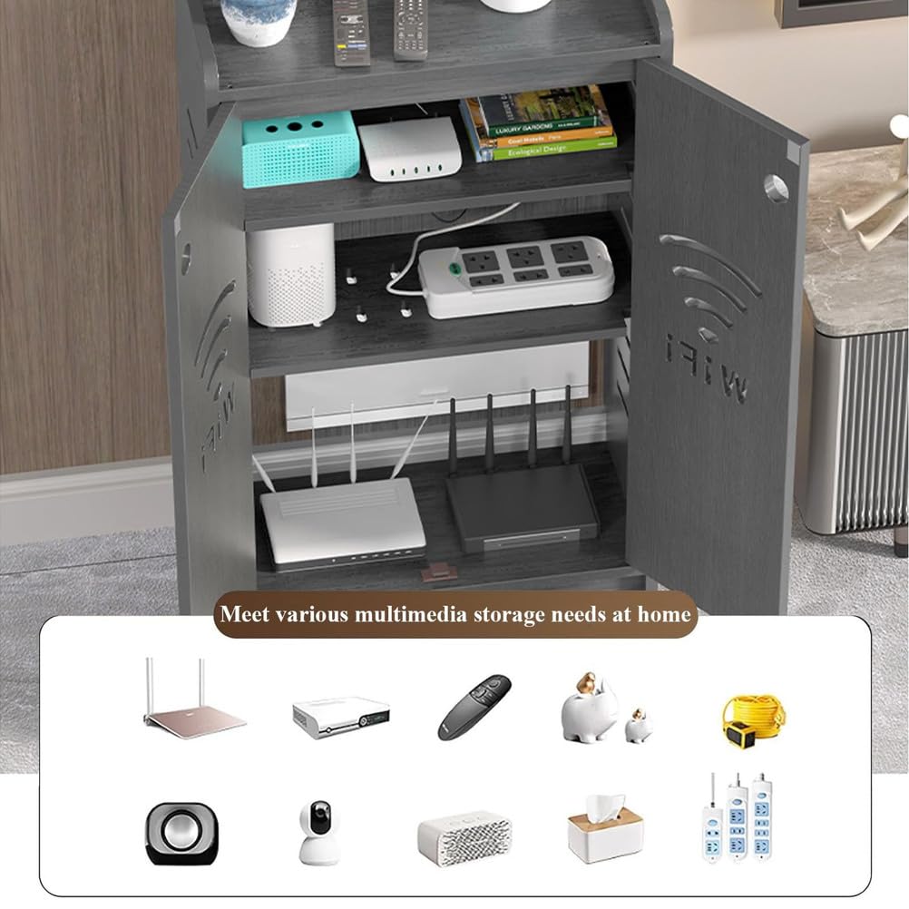 Armoire de rangement pour routeur WiFi, multiprise et gestion des câbles, étagère à deux étages pour la maison et le bureau, gris
