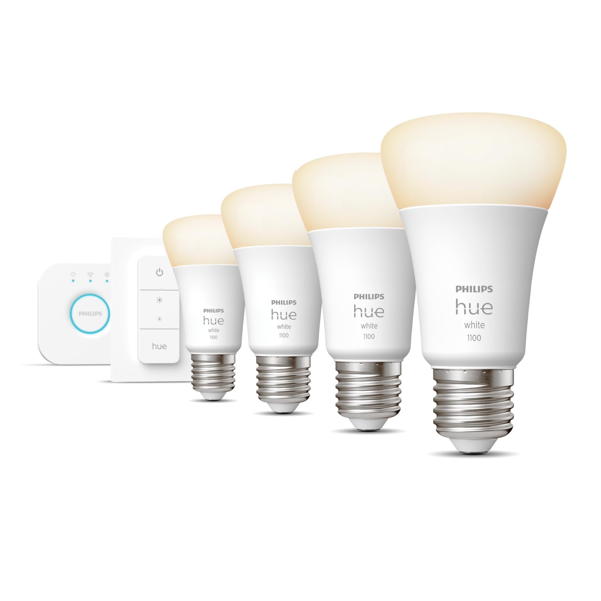 Philips Hue Starterpaket - E27 - mit 4 Standard Lampen - Warmweißes Licht - inkl. 1 Hue Bridge, 1 Hue Dimmschalter - Hue White