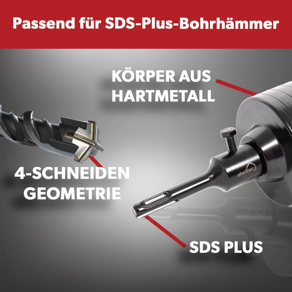 siwitec SDS Plus Hartmetall Bohrkrone 68mm mit Zentrierbohrer und Standard Bit, Steckdosenbohrer für Mauerwerke & Unterputz, Dosenbohrer für Unterputzdosen, Hohl-Bohrkrone für Beton, Stein und Ziegel