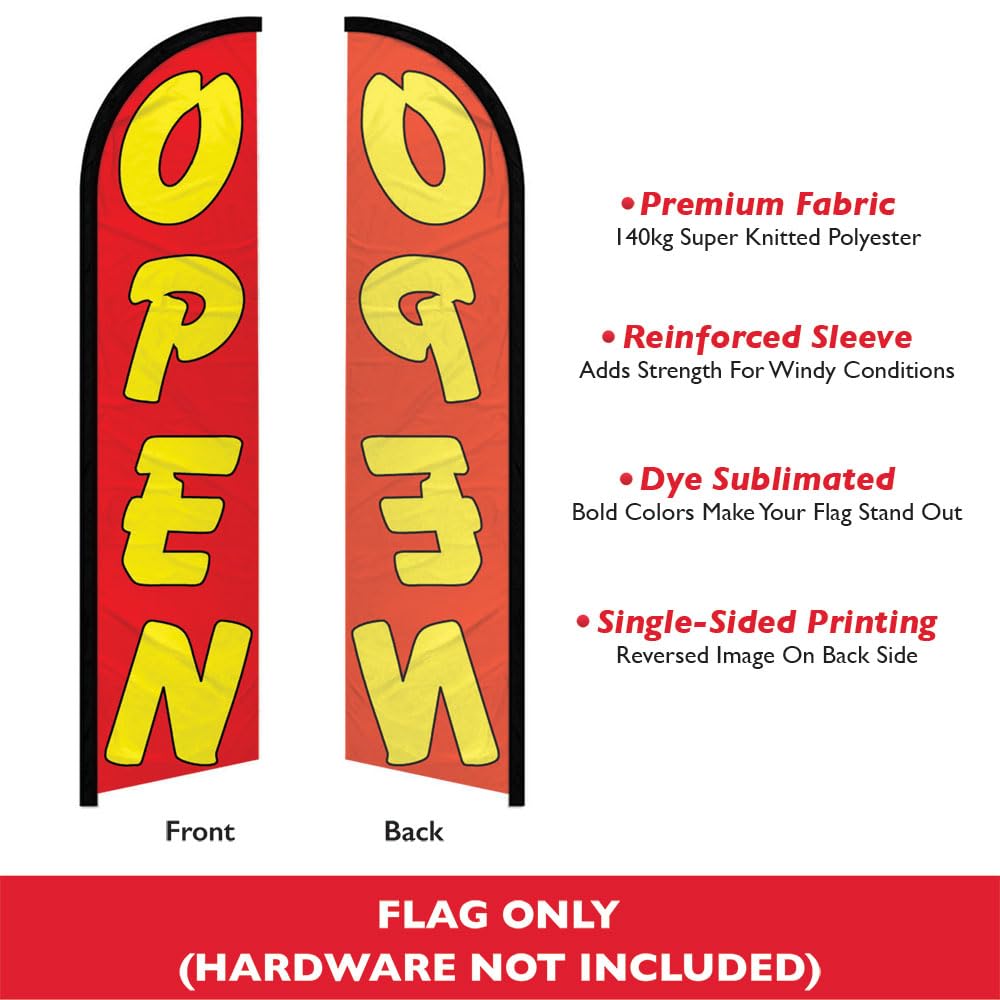 Infinity Republic - Open Red & Yellow Windless Full Sleeve Banner Swooper Flag - Perfect for Businesses, Restaurants, Cafes, New Stores, etc!
