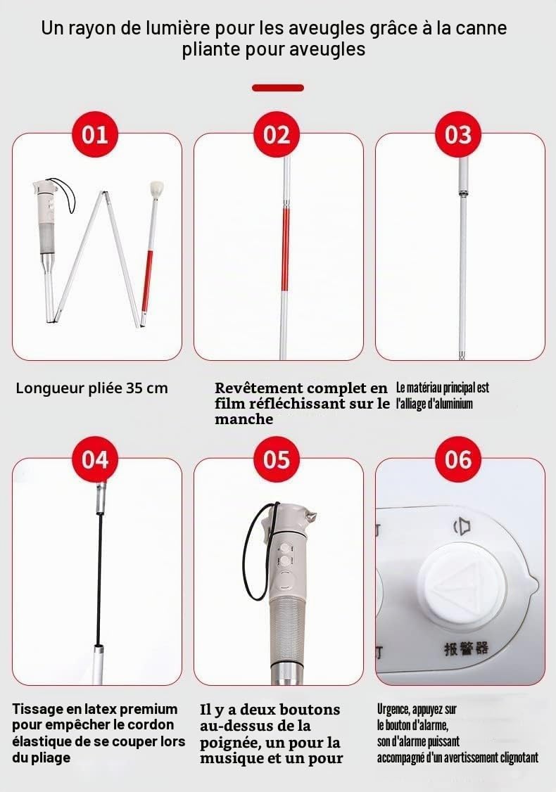 Canne Aveugle multifonctionnelle Intelligente avec Alarme sonore et Lumineuse pour béquilles aveugles électroniques avec béquilles magnétiques/Canne Intelligente télescopique Pliante(A)