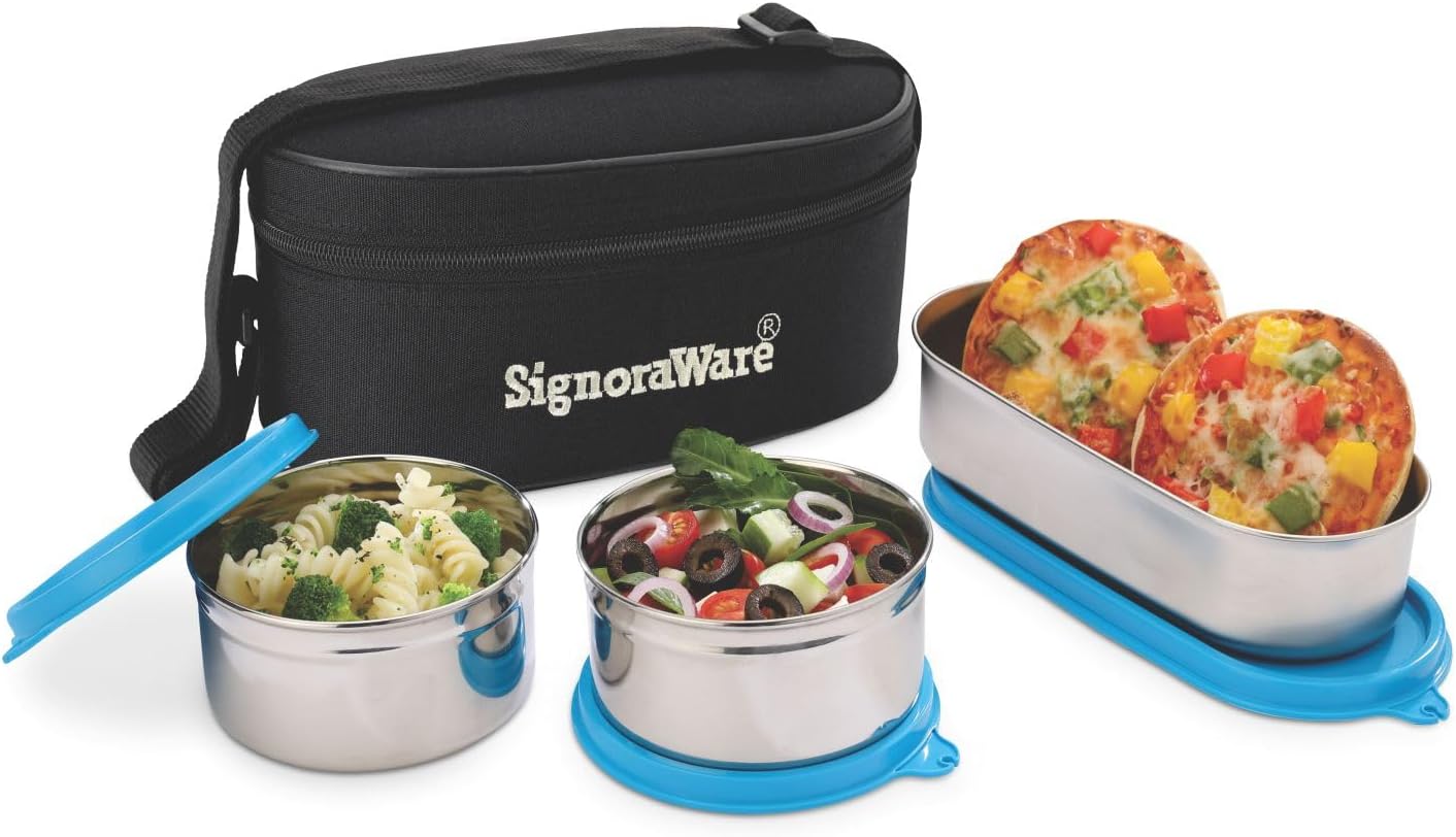SignoraWare Double Decker Stainless Steel Lunch Box | Dishwasher safe | Easy to carry | Leakproof | Best for Office Executives & Students | Picnics & outgoing (650ml+350ml+350ml | Set of 3 | Blue)