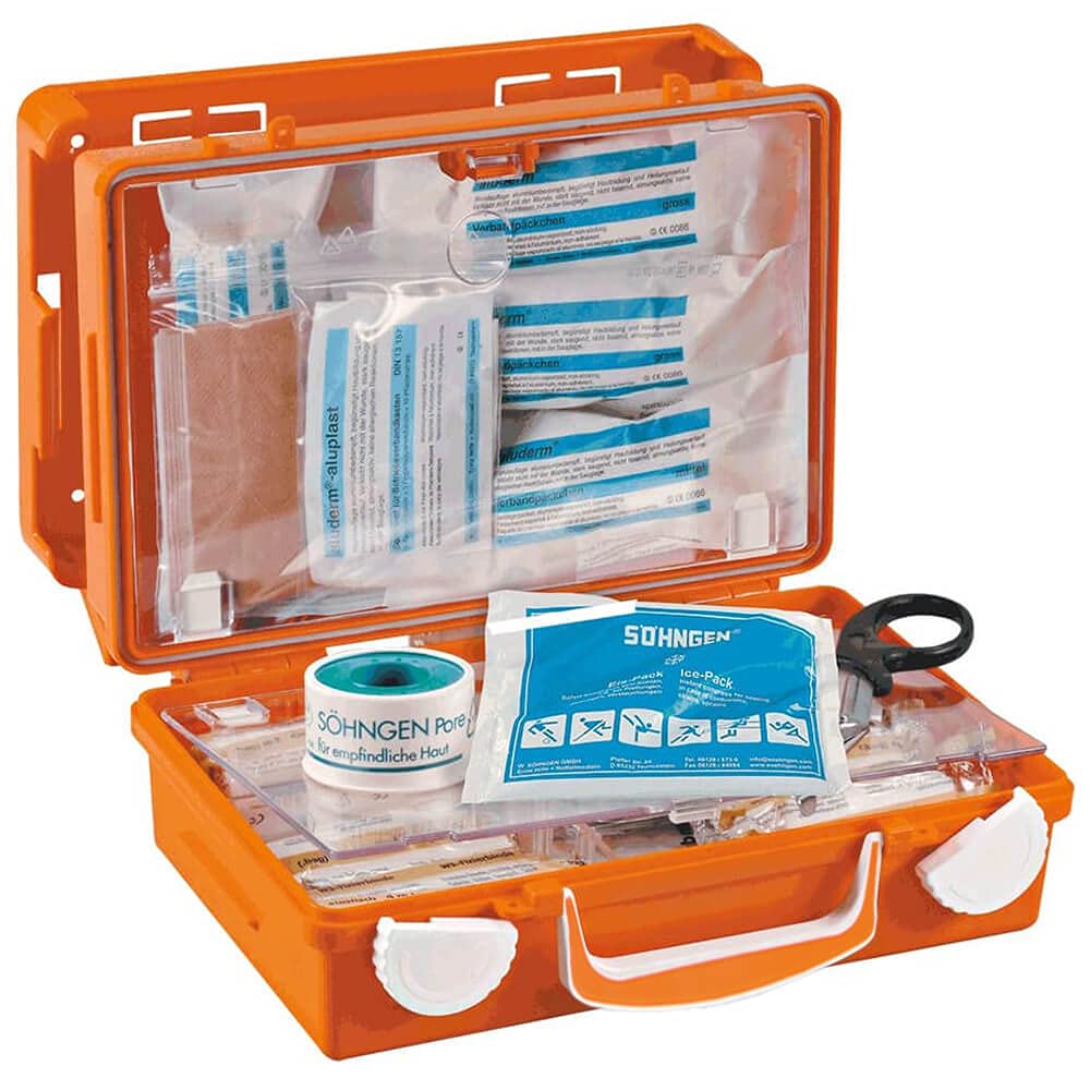SÖHNGEN BIGPACK 4 x Erste-Hilfe-Koffer QUICK + Wandhalterung, orange, DIN 13157 aus Kunststoff, Art.-Nr. 301125 | Verbandskasten | Notfallkoffer | Erste Hilfe Kasten