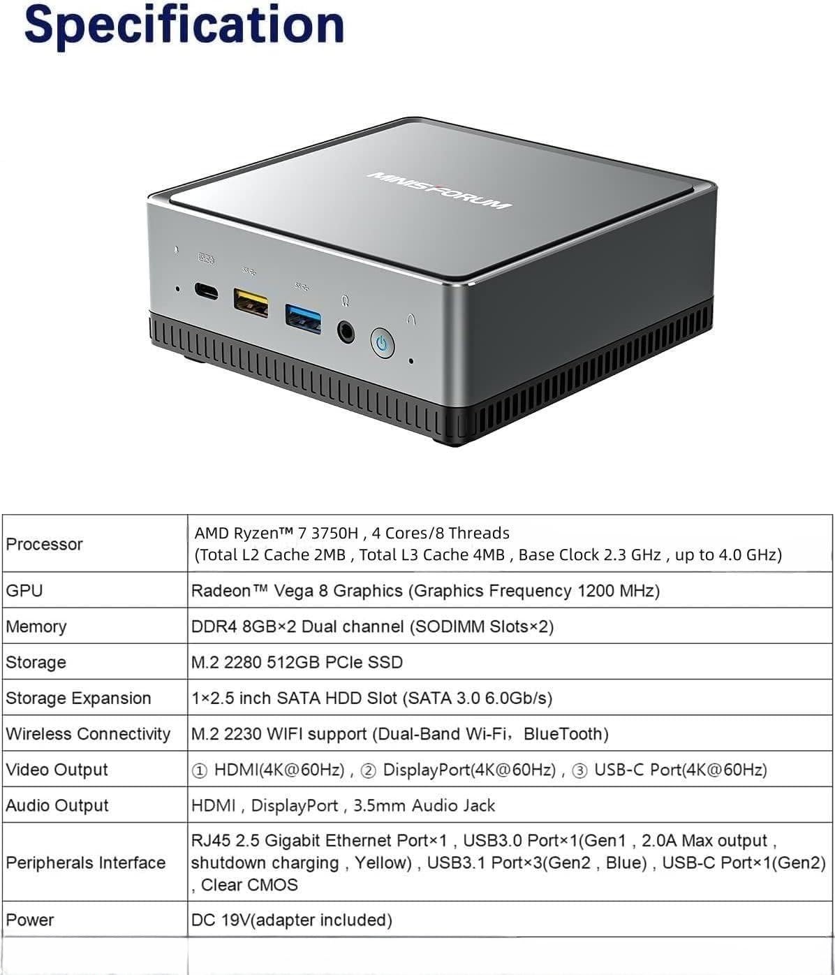 MINISFORUM Mini PC UM700, AMD Ryzen 7 3750H 4-Kern-CPU 16 GB
