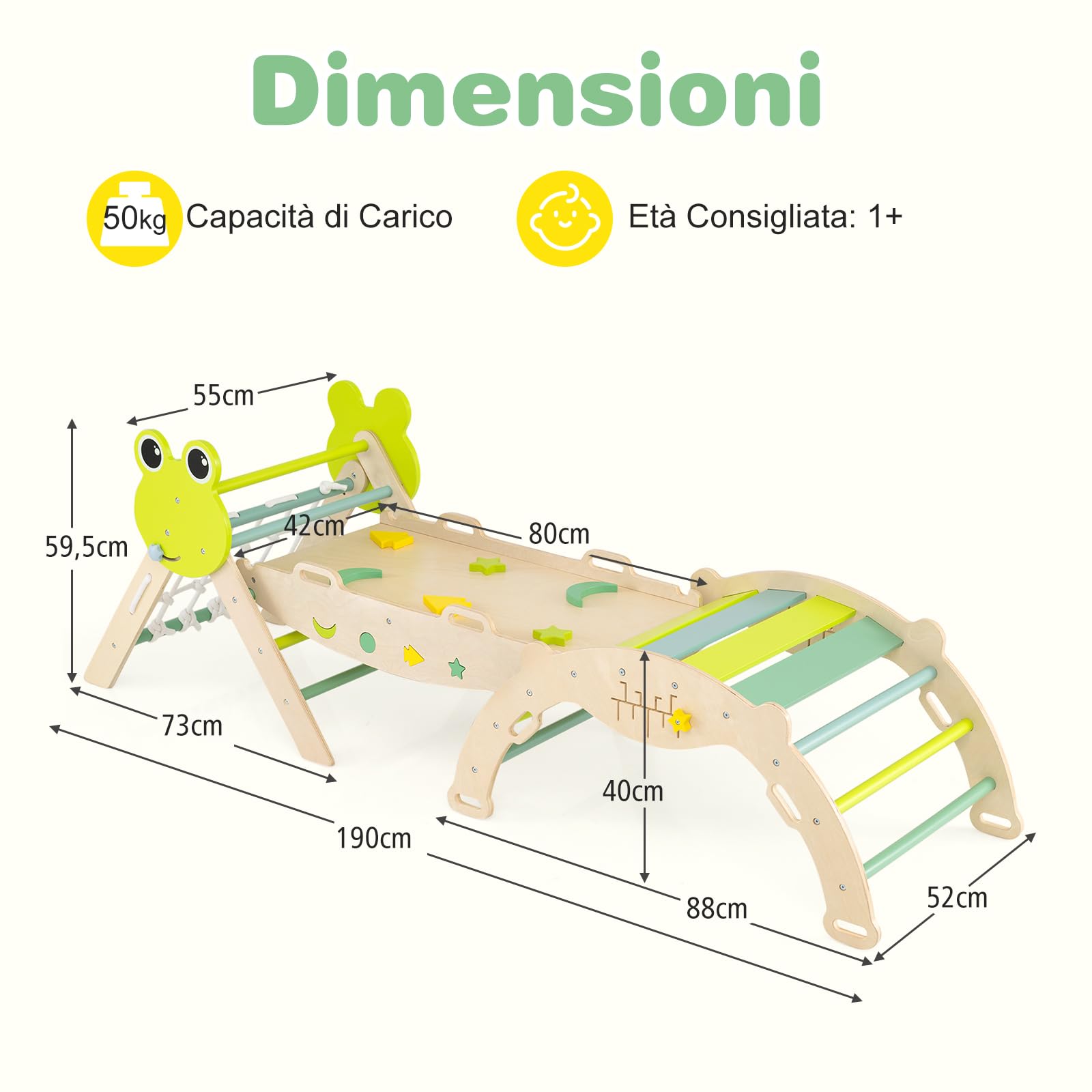 RELAX4LIFE Set da Arrampicata per Bambini, Triangolo di Arrampicata con Scivolo e Arco, Gioco di Incastri in Legno, Gioco Montessori per Bambini 1+ Anni (Rana con Rete-3 Pezzi | Verde)