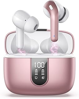 Cuffie Bluetooth Senza Fili con Cancellazione Rumore, 2022 FKKF Cuffie Wireless In Ear con Microfono Ricarica USB-C Display LED, Controllo Touch Auricolari Bluetooth 5.0 Sport IPX7 Android iPhone Rosa