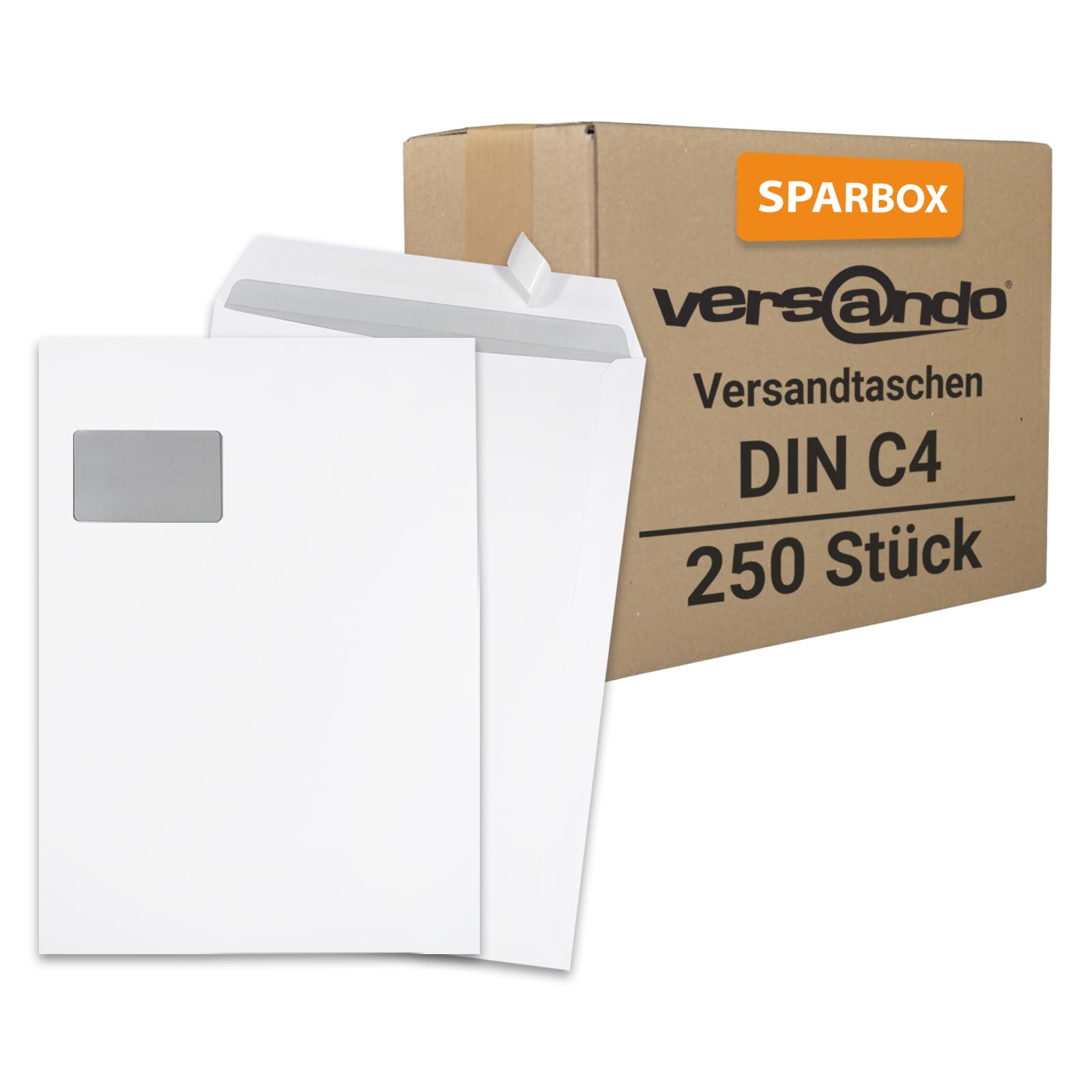 versando 250x Versandtaschen C4 mit Fenster Haftklebend 229 x 324 mm weiß: Briefumschläge für Büro, wichtige Unterlagen, blickdicht, einfach verschließbar (1 Karton)