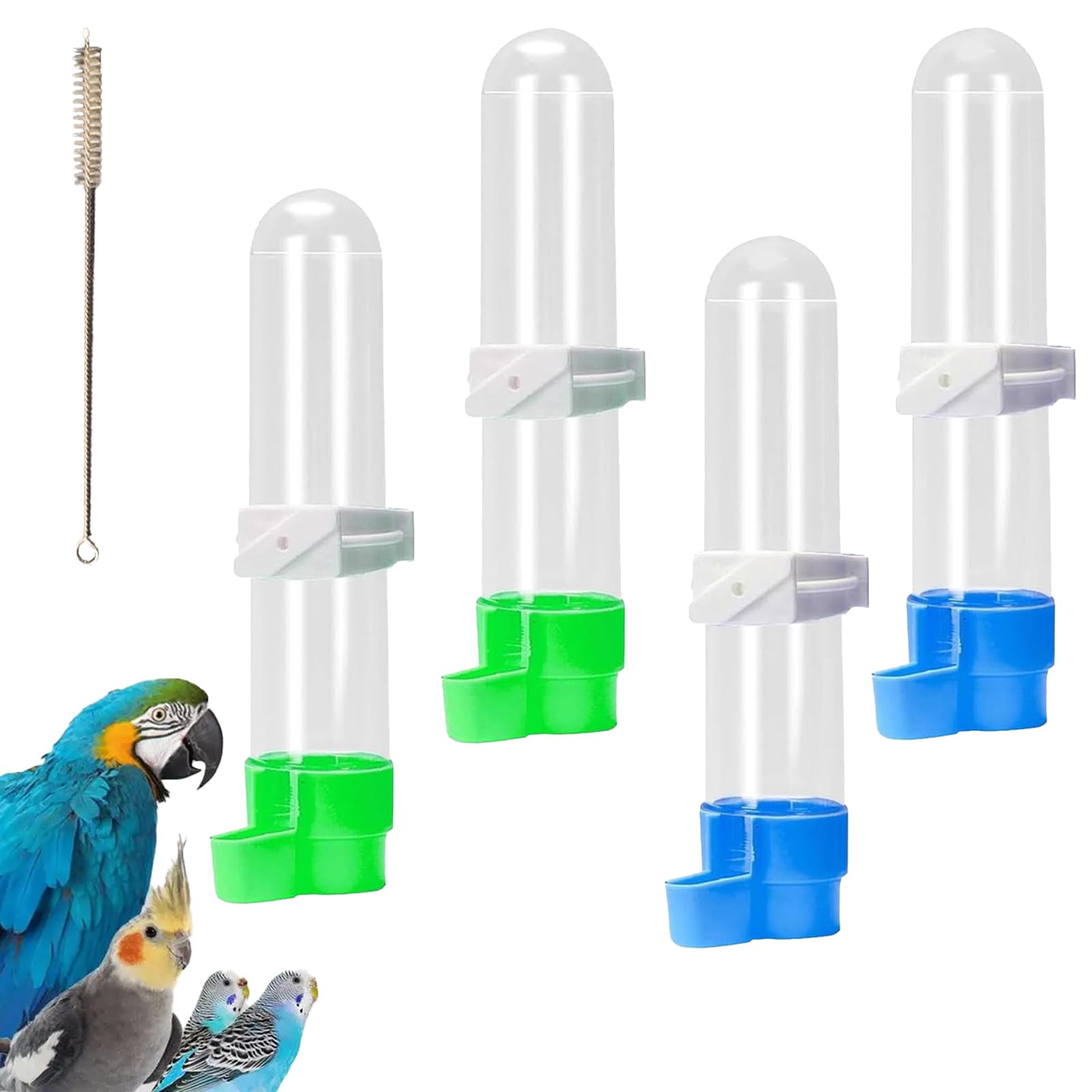 4 Pcs Bird Water Feeder, Budgie Water Dispenser with 20cm Brush