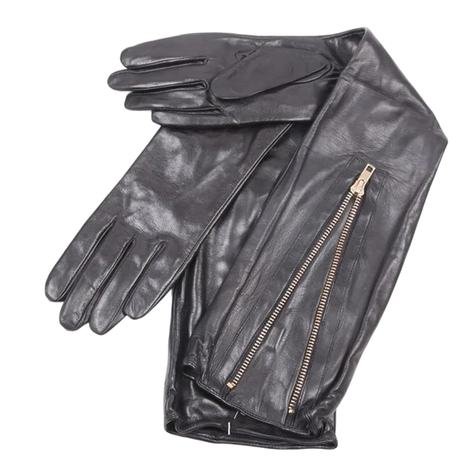 Guantes largos de piel de oveja auténtica para mujer, con cremallera de metal, forro de nailon, para fiesta de noche, baile, conducción