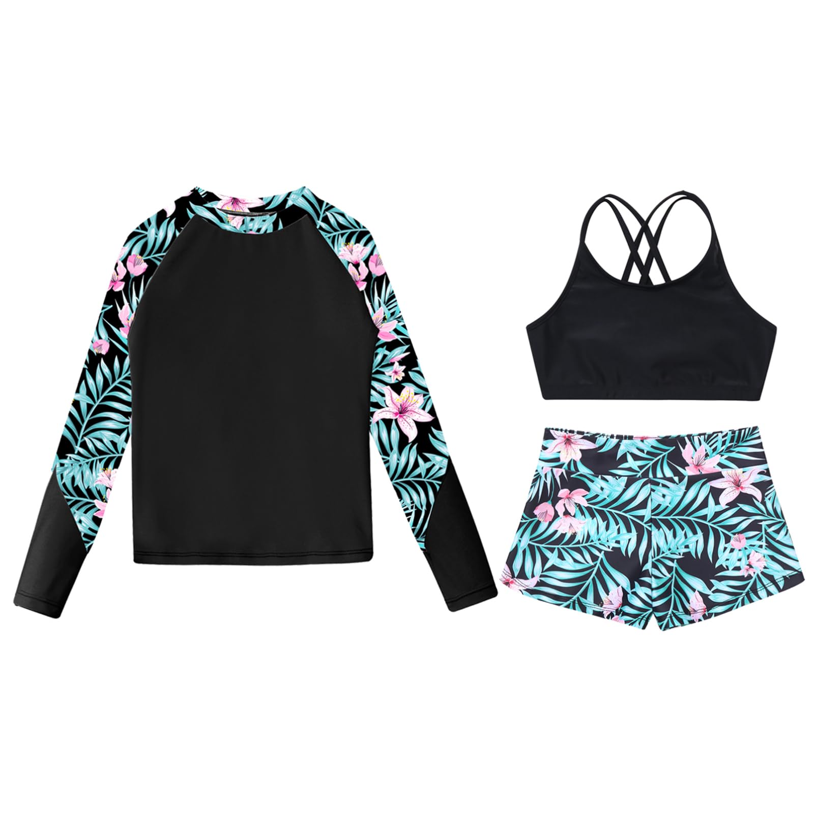 dPois Anti UV Enfant Fille Maillot de Bain 3 Pièces T-Shirt Rashguard Manche Longue Débardeur Short de Plage Sport Natation Tankini Ado Vacances 7-16 Ans