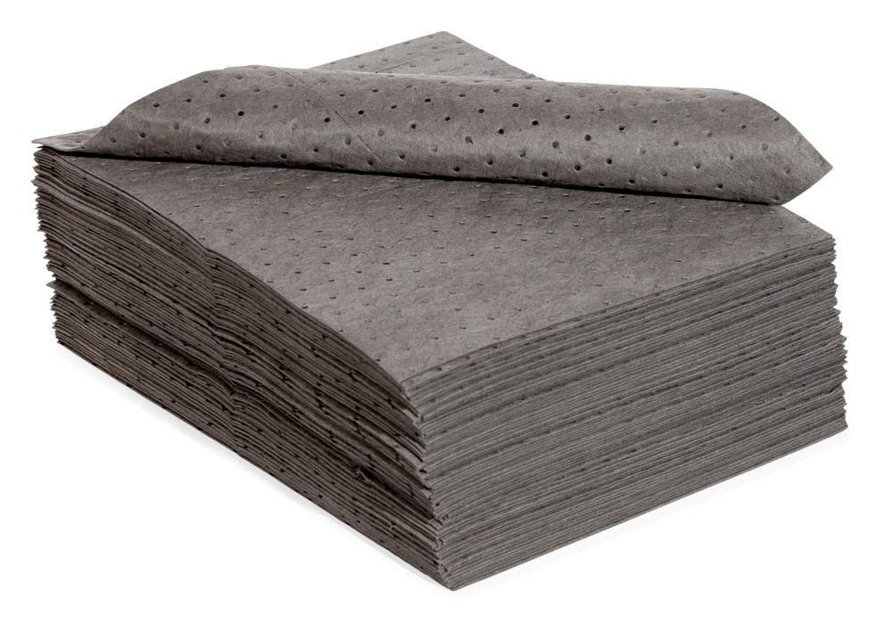 Feuilles absorbantes DENSORB Universel Economy Single light – 40×50 cm – 100 p. – Polypropylène gris – Absorption rapide des liquides – Résistantes, perforées, usage atelier & maintenance
