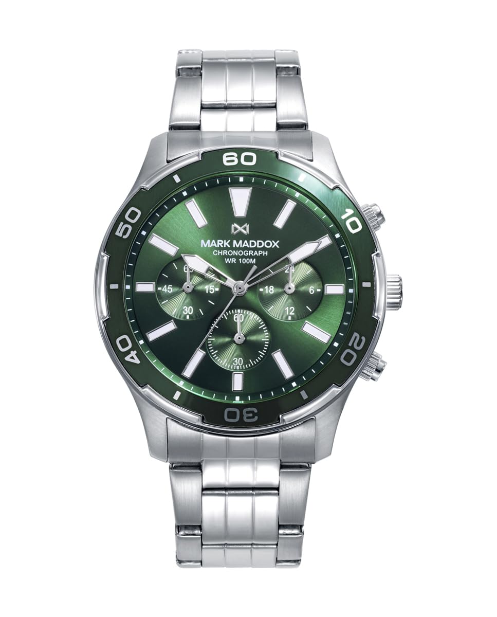 Mark Maddox Reloj Hombre - Colección Mission Ref. HM1017-​66, Caja y Brazalete de Acero con Bisel Verde, Esfera Verde, Movimiento Cronógrafo - Diseño Elegante y Deportivo