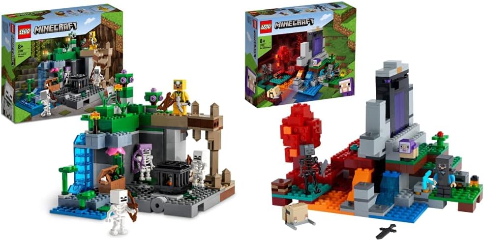 LEGO 21189 Minecraft The Skeleton Dungeon Set, Construction Toy for Kids with Caves & 21172 Minecraft The Ruined Portal Building Toy with Steve and Wither Skeleton Figures
