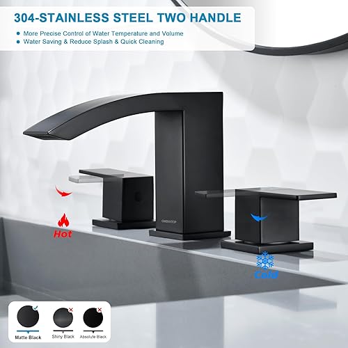 Miniatura 4 de OMEKNTOP Grifo de baño negro mate, 8 pulgadas, cascada, grifo de lavabo de 3 agujeros, grifo de baño negro con drenaje desplegable y manguera, grifo