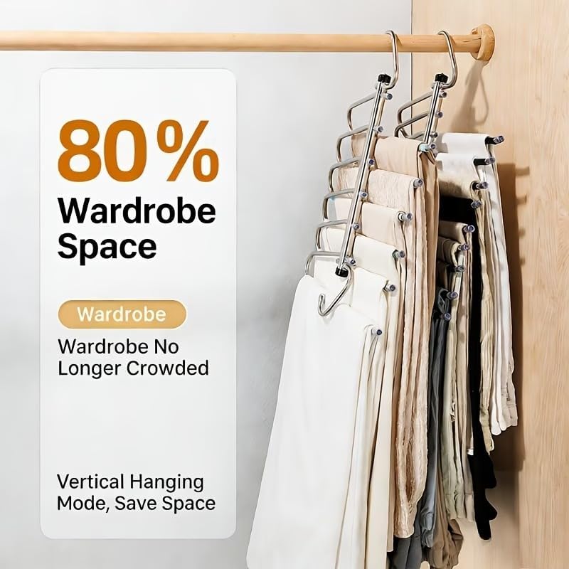 Image of SR (Pack of 3) 5 in 1 Stainless Steel Foldable Hangers for Clothes Hanging Multi Layer Multi-Purpose Pant Hangers for Wardrobe Magic Foldable Hanger Clothes Hanger
