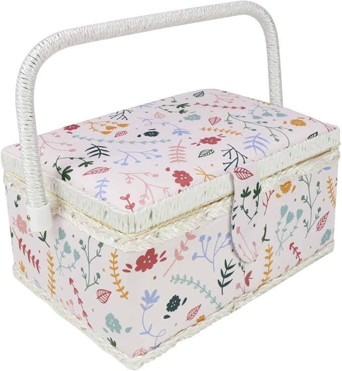 Basic Sewing Basket with Complete Sew Accessories Wooden Beginners Sewing Kits with Removable Tray Tomato Pincushion for Mending - Colorful Pastel