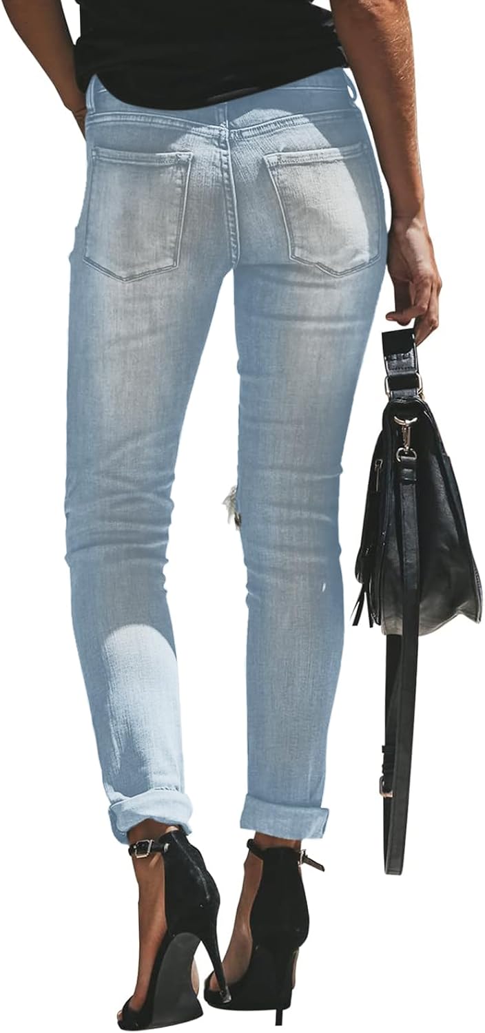 Women's High Waisted Casual Jeans Ripped Vintage Washed Denim with Cuffed Hem - Image 3