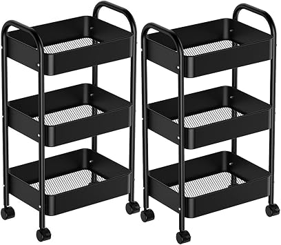 3 Tier Rolling Cart, 3 Tier Utility Cart, Metal Storage Organizer - Mobile Utility Cart with Caster Wheels, Storage Organizer Rolling for Office, Bathroom, Kitchen Black 3 Layers 2PC