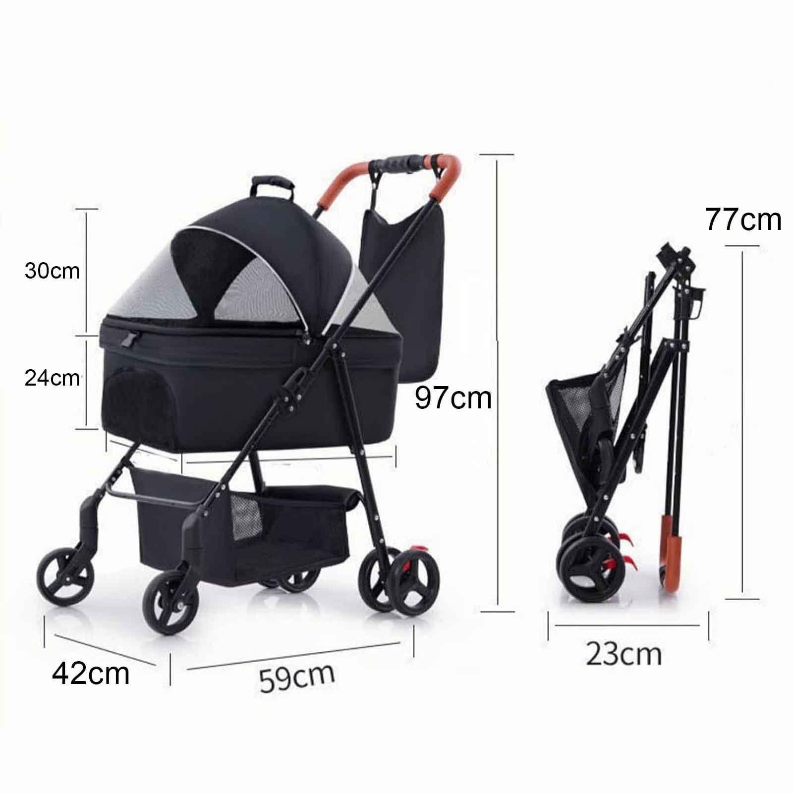 Passeggino per Cani Pieghevole 2 in 1, Passeggino Cane, Passeggino da Viaggio per Animali Domestici Cane Gatto, con Cestello Portaoggetti,Rosa