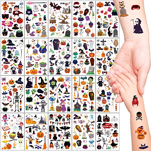 Tatouage Enfant 20 Feuilles Tatouage Halloween Maquillage,Tatouage Ephemere Enfant, Bon Effet Durable Imperméable et Respectueux de la Peau, Faux Tatouage Autocollant, Deco Halloween (Non lumineuse) Cover