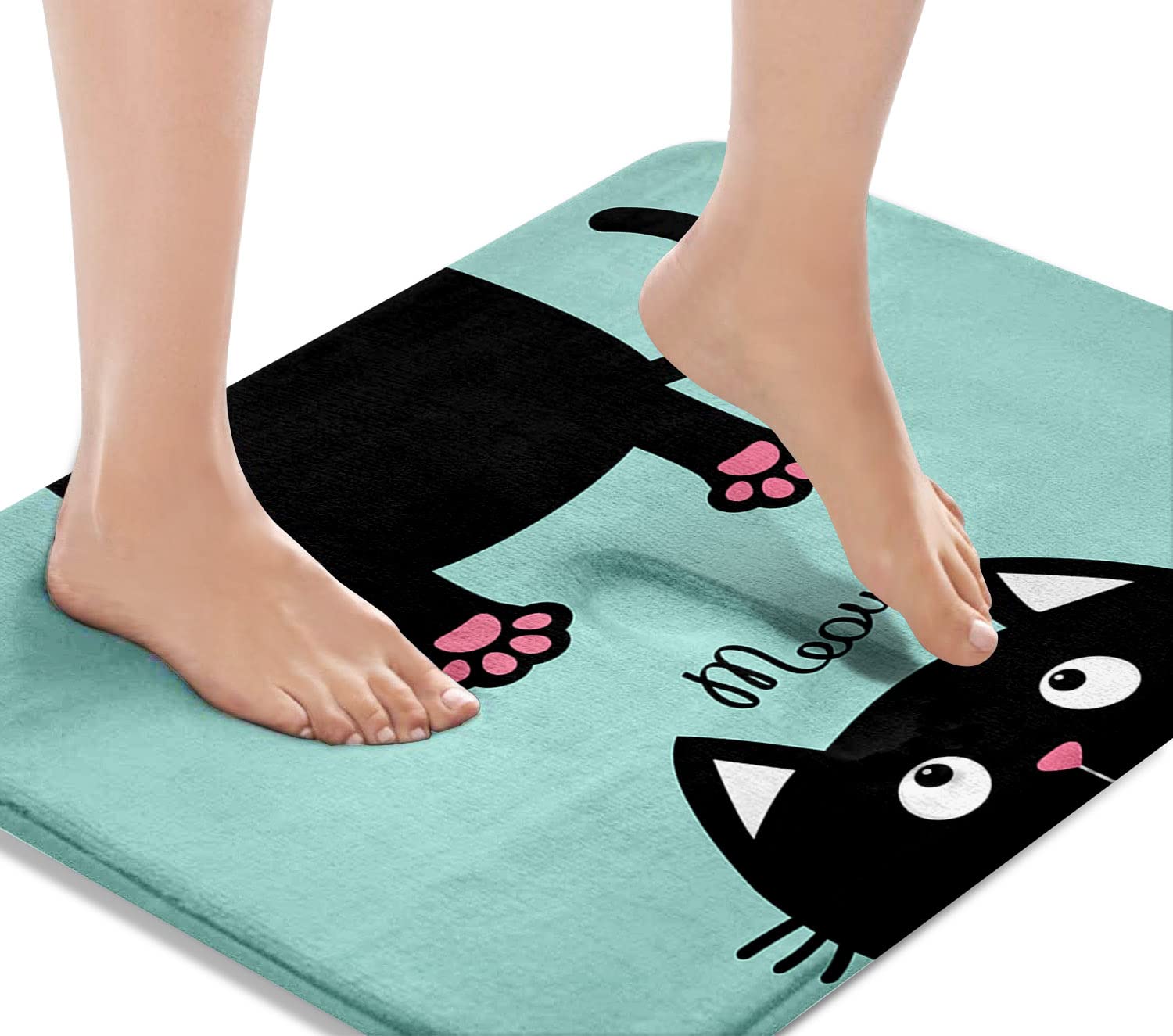 Britimes Blue Bath Mat,Cute Black cat Bathroom Rugs No Silp,Funny Cartoon Washable Cover Floor Rug Carpets Floor Mat 18x30 Inches for Kitchen Bedroom
