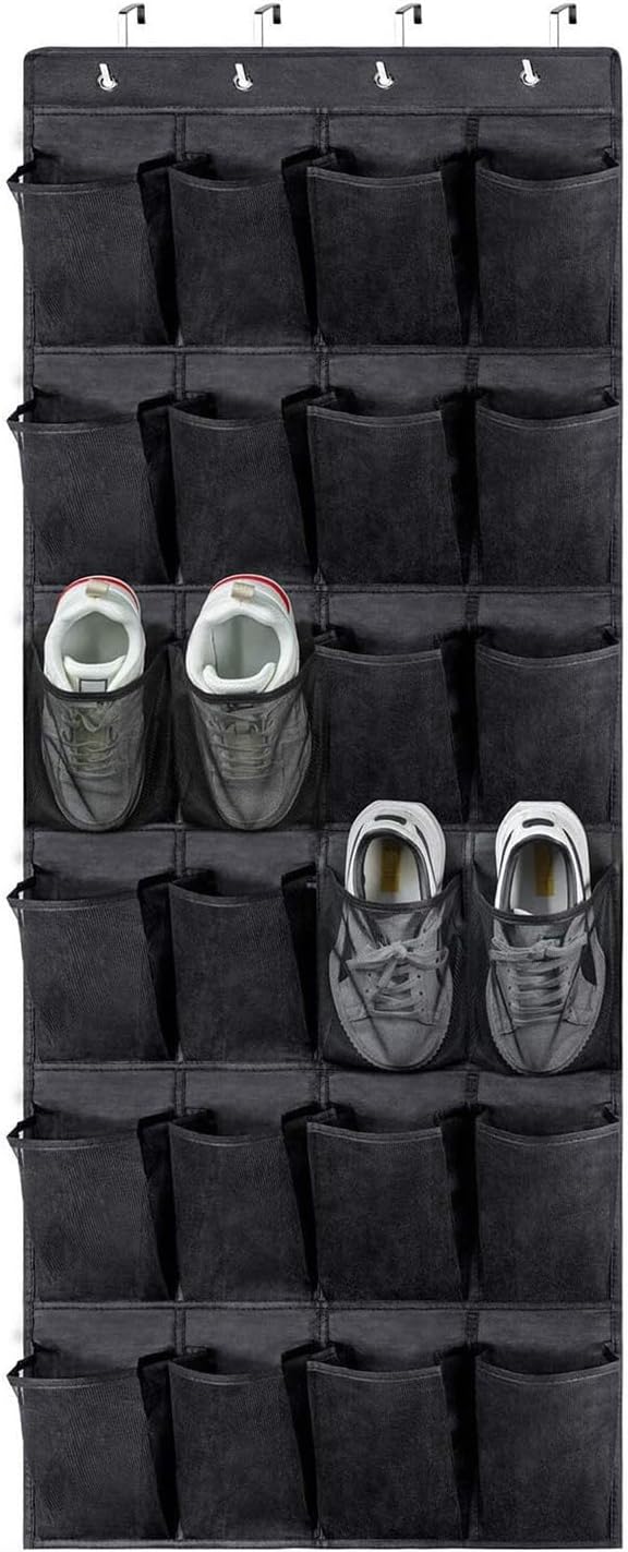 Shoe Rack For Closet Front Door Entrance Entryway Cabinet Hanging Organizer,Shoe Organizers Over The Door Bedroom Bathroom Space Saving Portable Clear 28 Pocket Mesh Breathable Hanger(Black White)