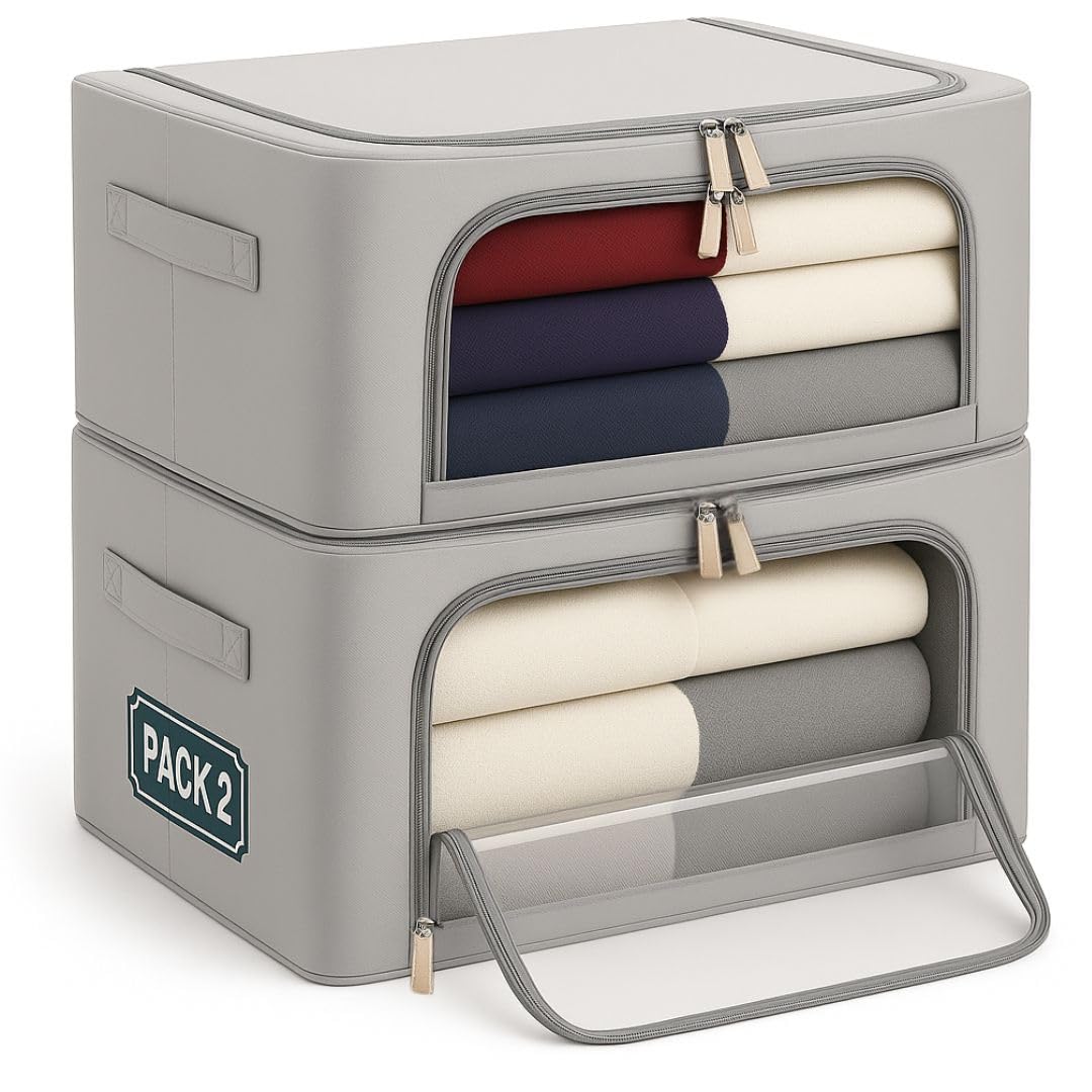 ZUNOVI Cajas Almacenaje para ropa, Juego de 2 unidades, tela Oxford impermeable y Marco de metal | Organizador de armario apilable | Cajas organizadoras con Asas laterales | Bolsas para guardar ropa