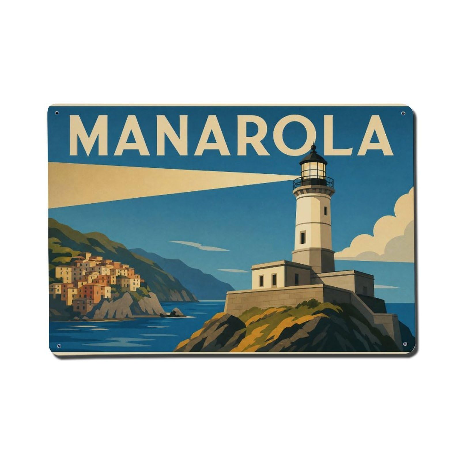 Vintage Travel Manarola Lighthouse Beacon Coastal Guide Metal Tin Sign